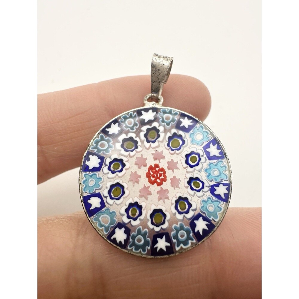 Italy Murano Glass Millefiori Pendant Round in Sterling Silver